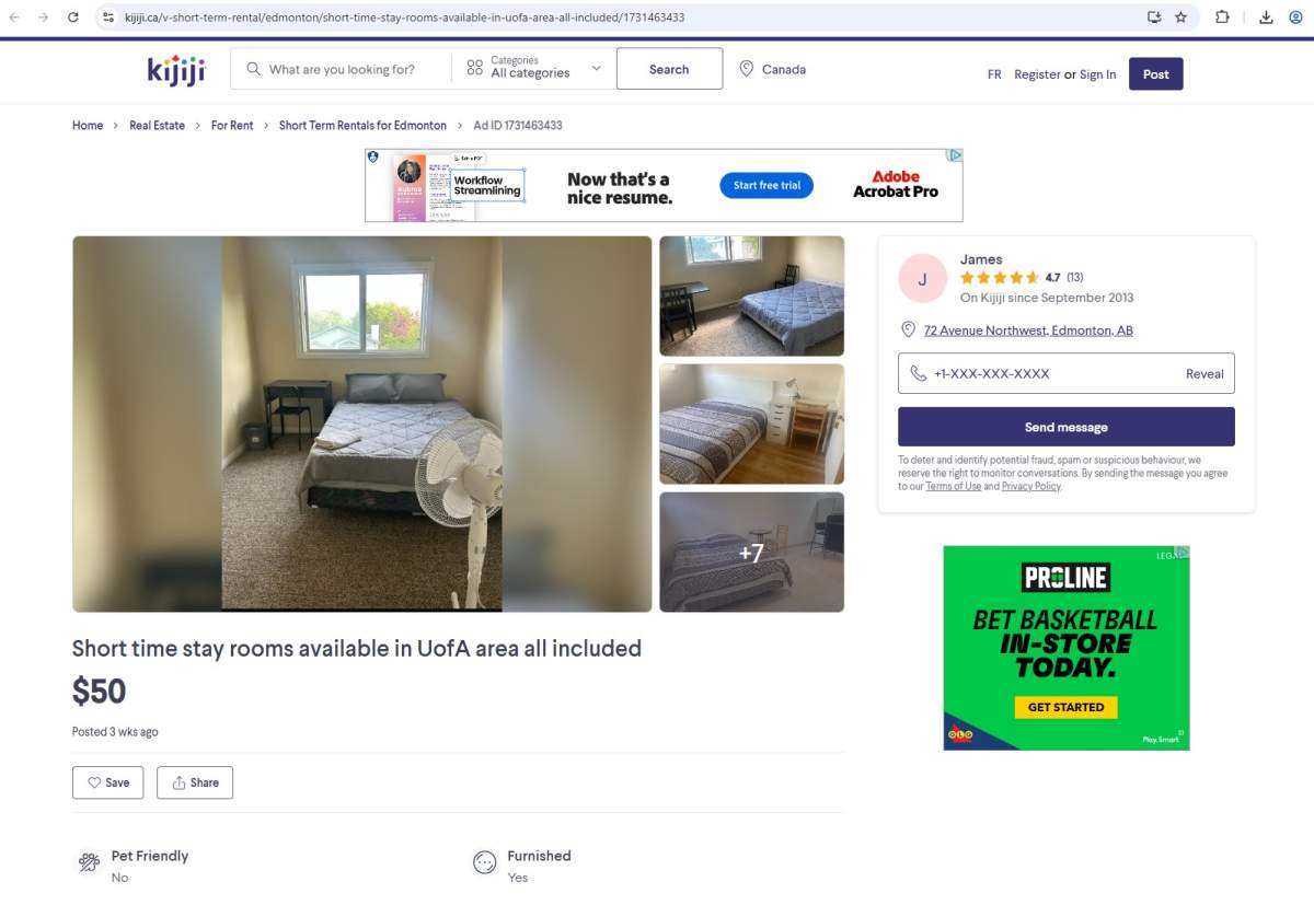 An ad that was posted to Kijiji advertising rooms for rent in infill properties by the day or even the hour.