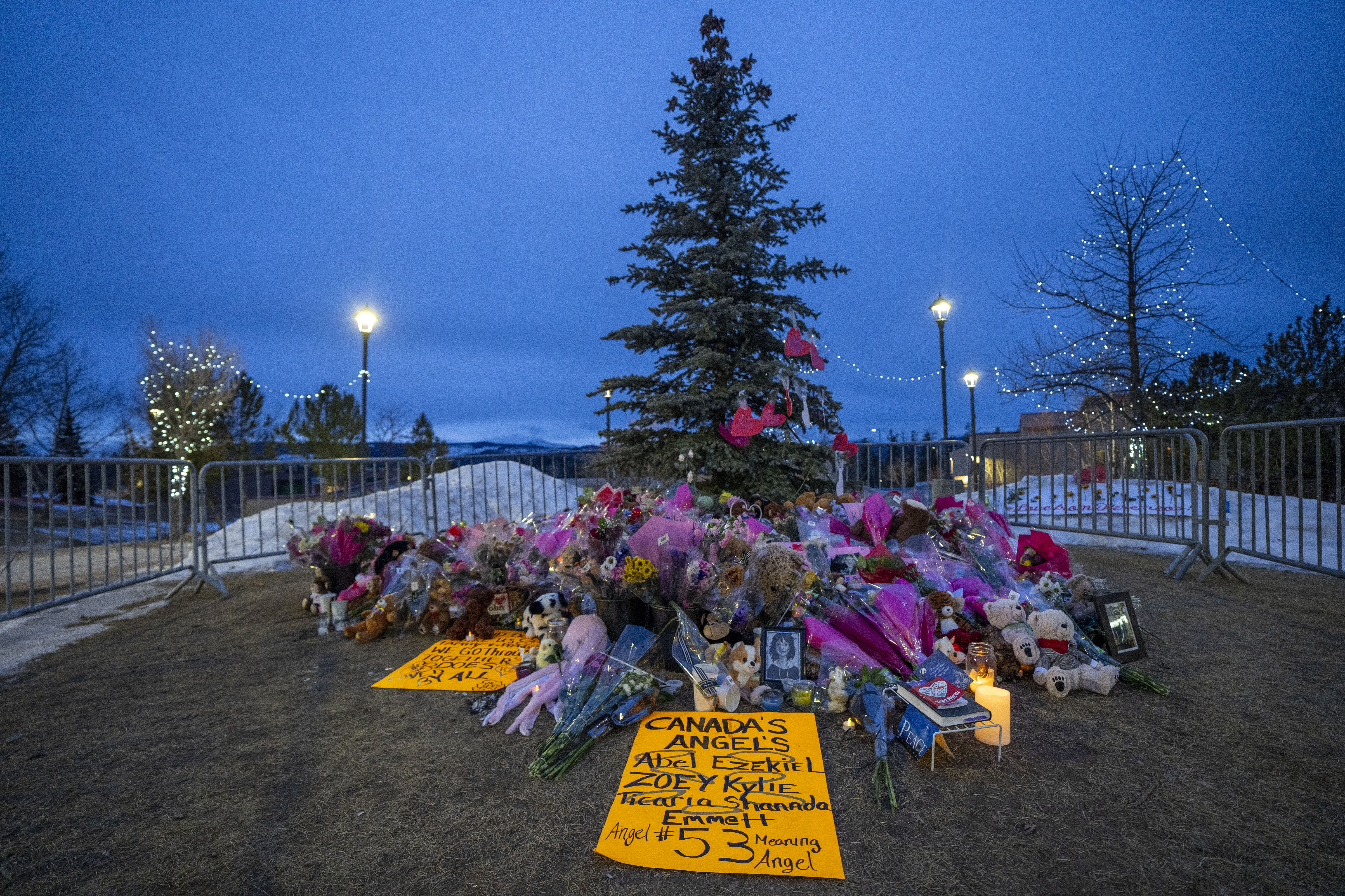 The memorial for the victims killed in a mass shooting, is seen in Tumbler Ridge, B.C., Sunday, Feb. 15, 2026.