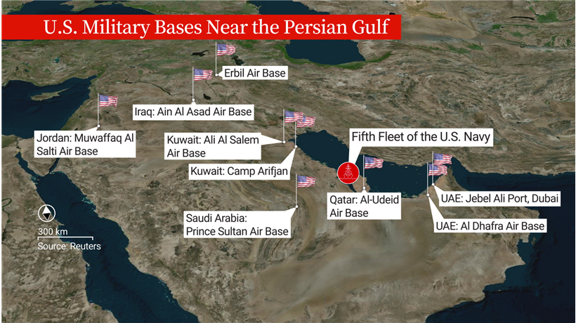 A map depicting U.S. military bases near the Persian Gulf.
