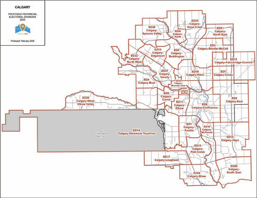 The final report of the Alberta Electoral Boundaries Commission recommends the creation of three new ridings in Calgary called Calgary-Nose Creek, Calgary-Confluence and Calgary-McKenzie, but also recommends the existing riding of Calgary-Peigan be eliminated and consolidated with surrounding ridings