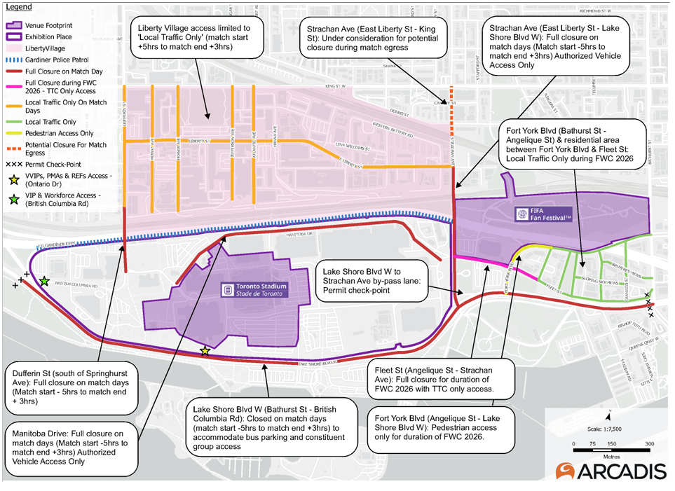 Proposed road closures and traffic restrictions around the stadium during Toronto’s World Cup matches.