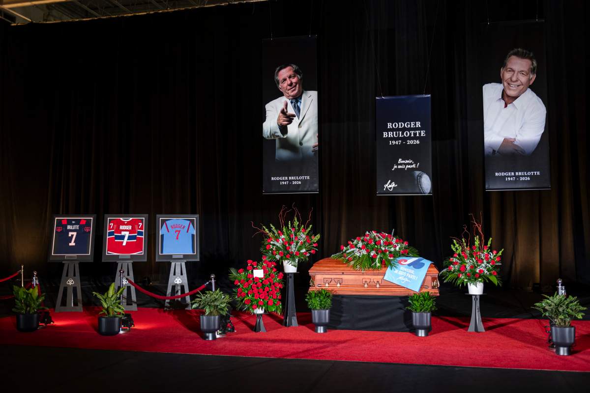 The former baseball commentator Rodger Brulotte lay in state at IGA Stadium in Montreal on Thursday, April 9, 2026.