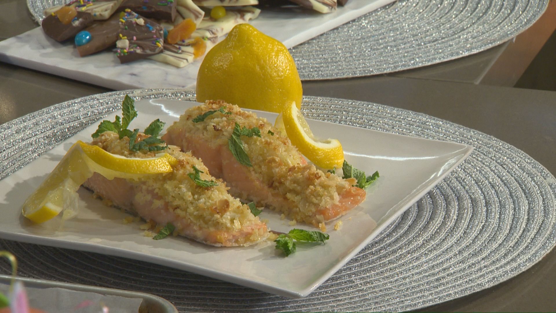 Simply Delicious Meal: Spinach Salad, Almond Crust Salmon and Easter Bark