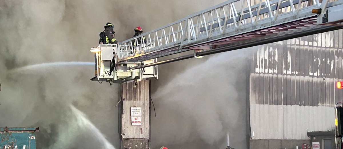 Firefighters on the scene of a blaze at a waste facility in Etobicoke on April 8, 2026.