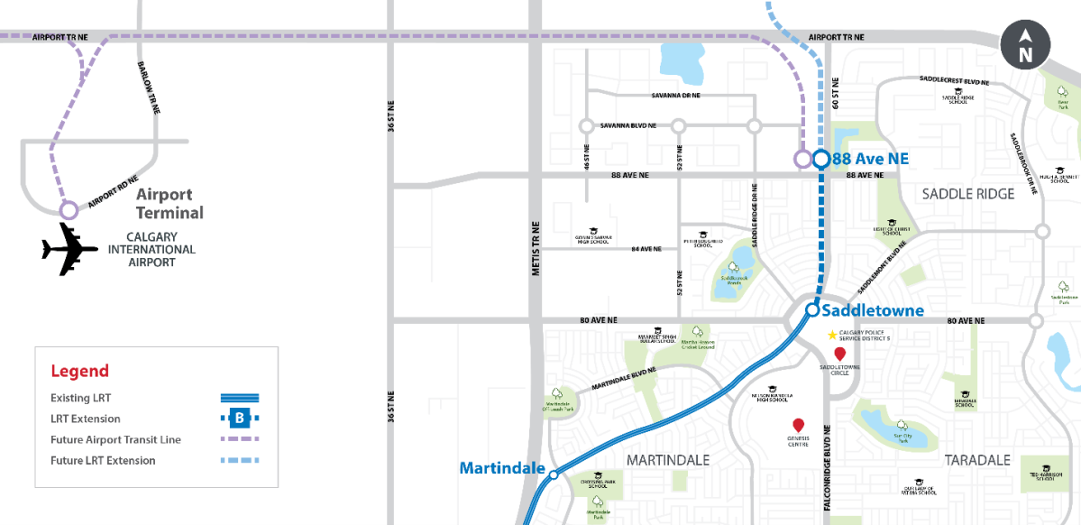 A map of the extension of the Blue Line LRT which includes a potential connection to the airport.