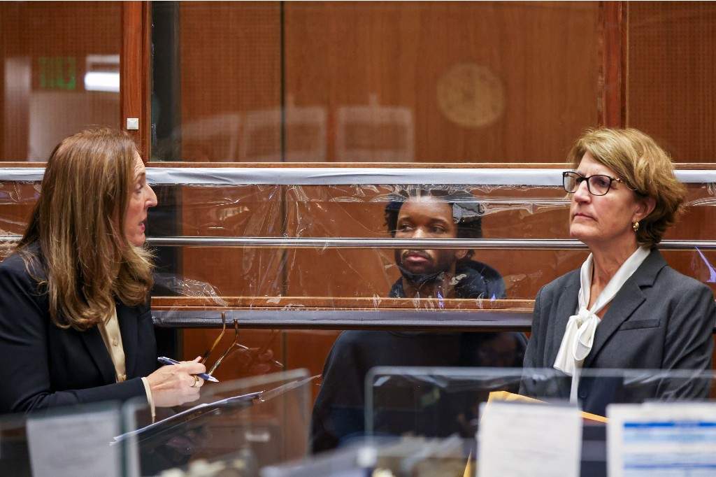 David Anthony Burke, whose stage name is D4vd, center, is arraigned Monday, April 20, 2026, in Los Angeles.