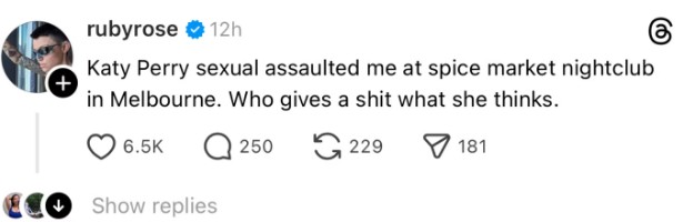 A screenshot of Ruby Rose's Threads post.