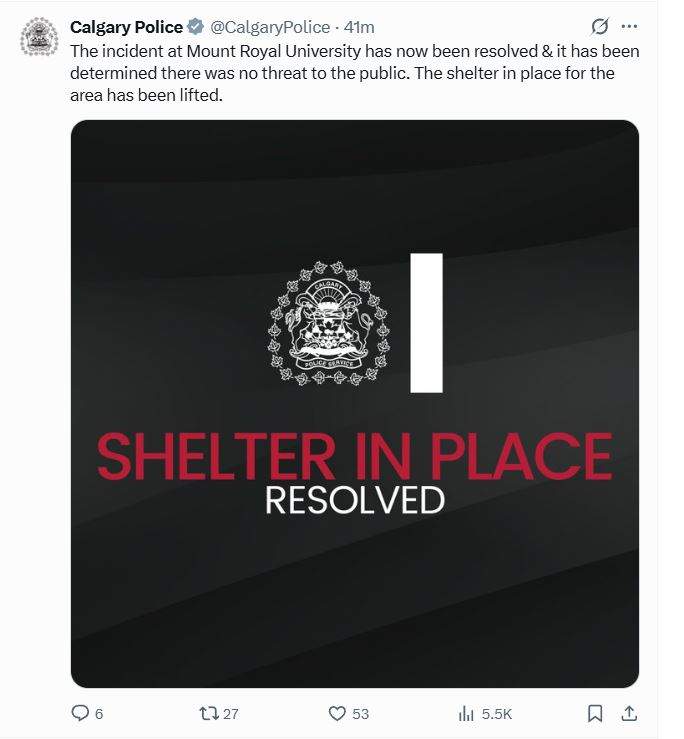 The "shelter in place" order was lifted around 5 p.m. on Monday, after police determined the suspect was a staff member of the university who was working as a chef.