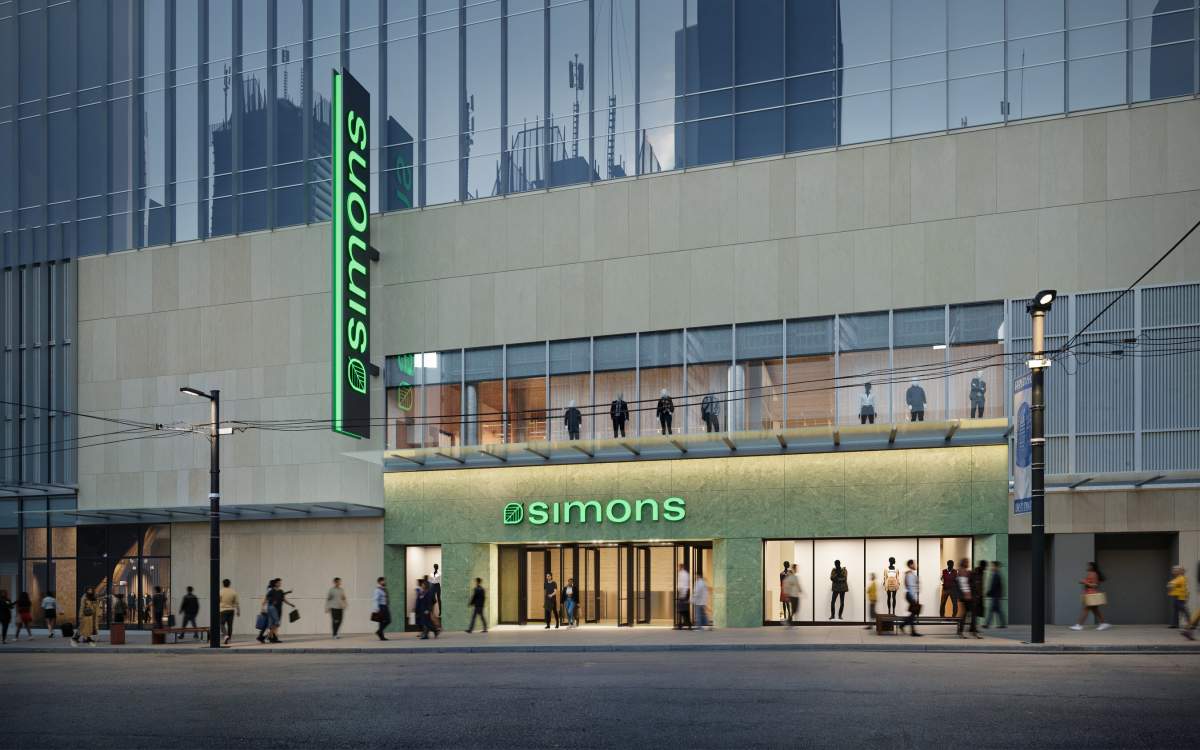 Rendering of Simons’ future store at CF Pacific Centre in downtown Vancouver, scheduled to open in Fall 2027 (Granville Street entrance). 