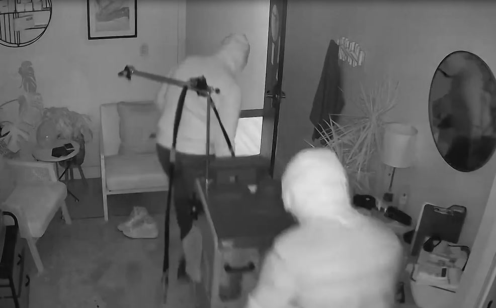 This photo, taken from security camera video, shows the thieves wheeling the laser machine out of the salon before taking it down some stairs and across a parking lot before loading it into a van and making their get away.