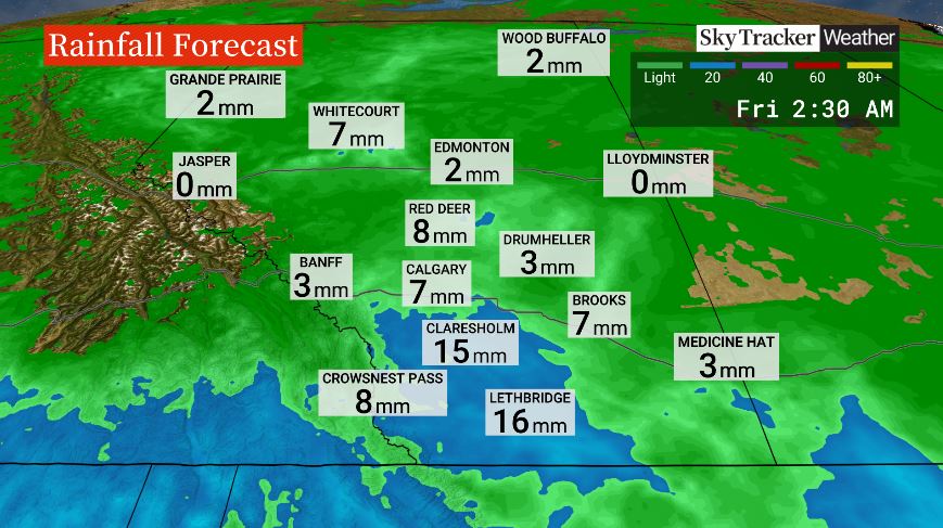 This map shows the rainfall amounts that are forecast to fall over central and southern Alberta during the storm, in addition to the expected snow.