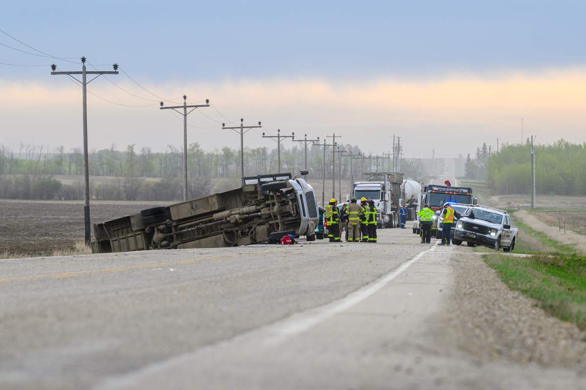 A coach bus crashed on Highway 672 near Range Roads 90, northwest of Grande Prairie, Alta. on May 13, 2026.