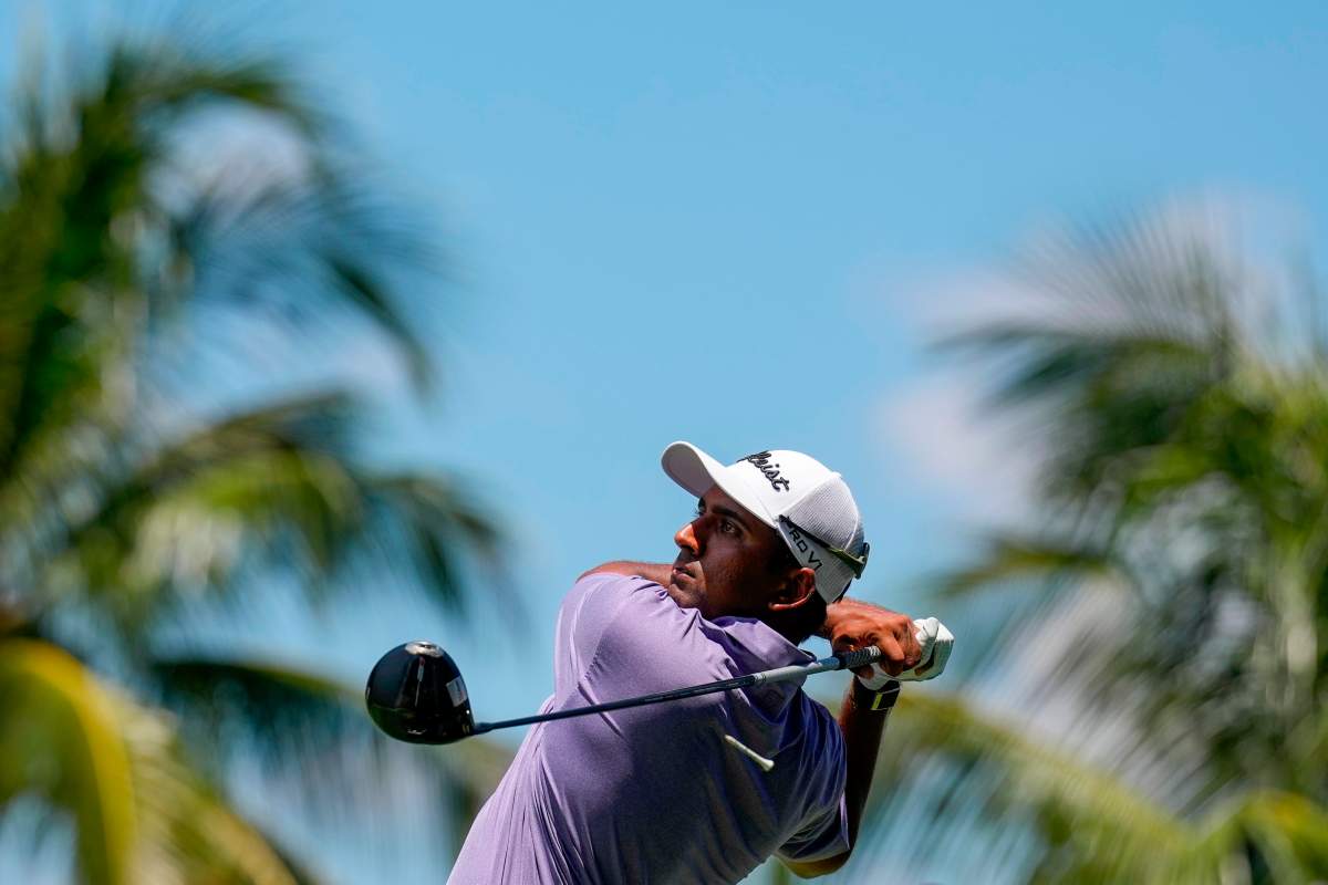 Sudarshan Yellamaraju, of Canada, hits from the 17th tee during the second round of the Cadillac Championship PGA golf tournament Friday, May 1, 2026, in Doral, Fla. (AP Photo/David J. Phillip).