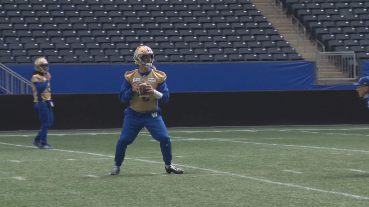 Quarterback Payton Thorne practices in Winnipeg Blue Bombers rookie camp.