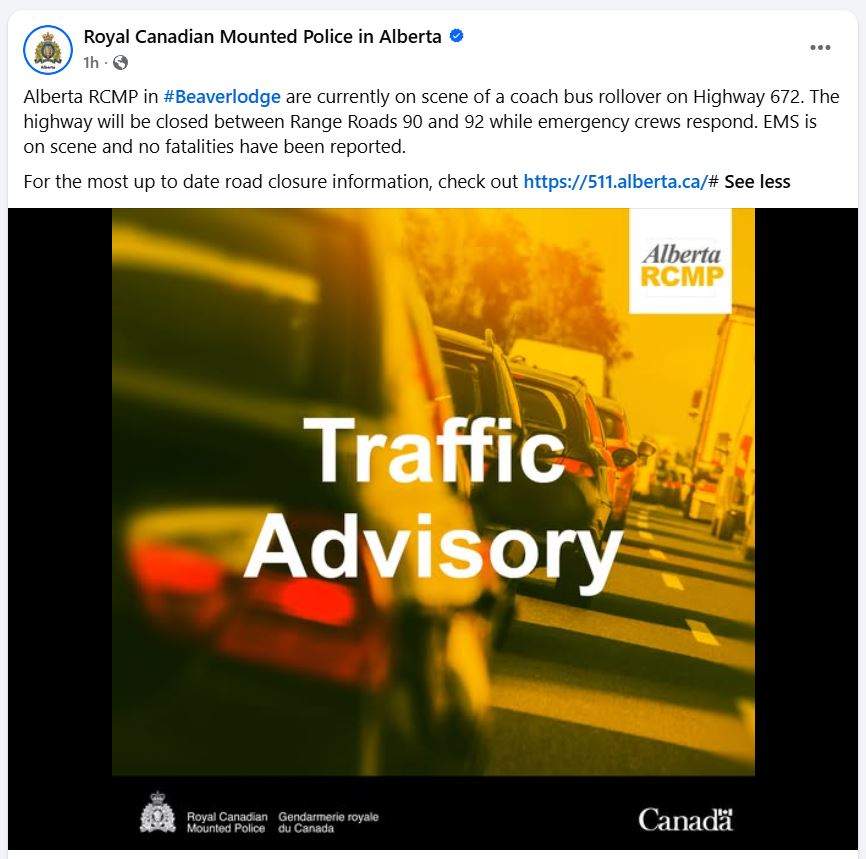 In a post on social media, Alberta RCMP say Highway 672 is closed between Range Roads 90 and 92 to allow room for emergency crews to respond.