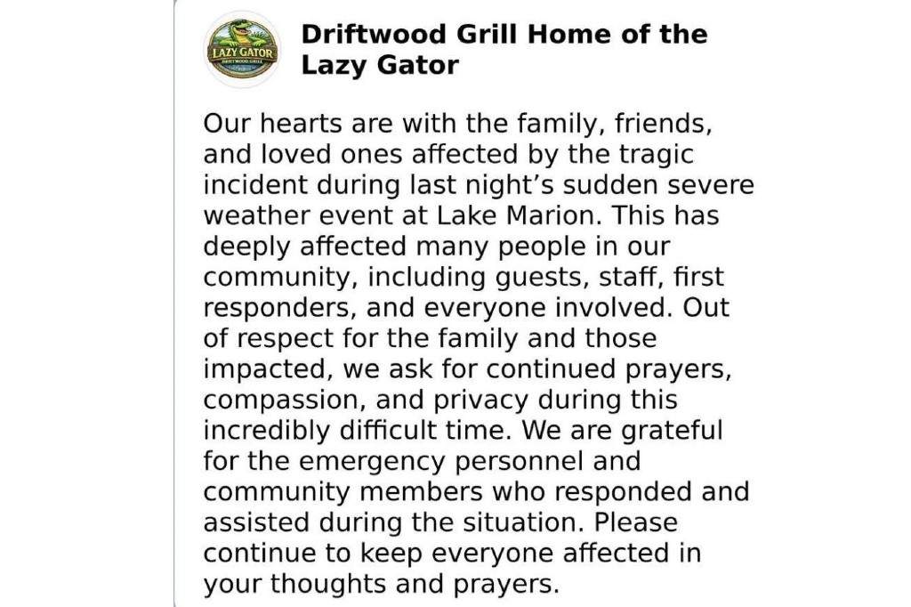 A screenshot of Driftwood Grill's statement on Facebook.