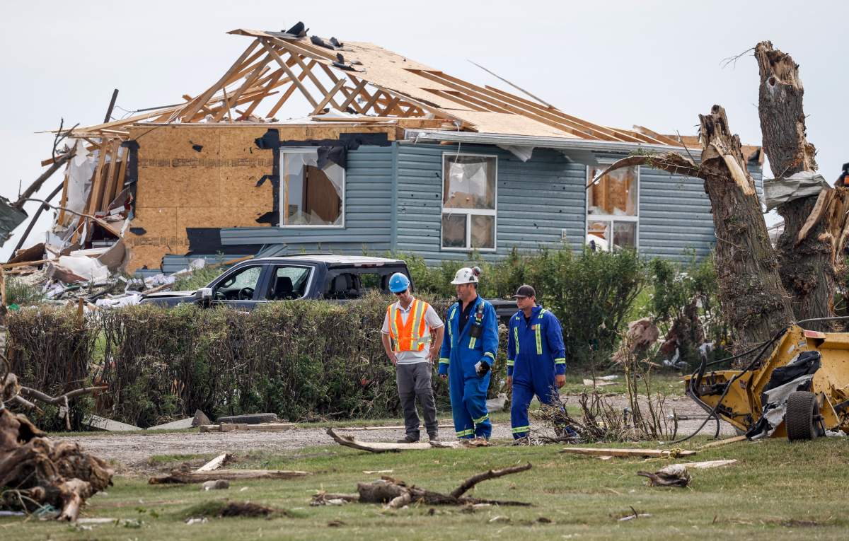 A tornado damaged homes near Carstairs, Alta., Saturday, July 1, 2023. No injuries were reported. 