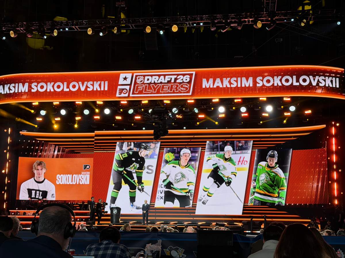 A look at the stage at the 2026 NHL Draft after the Philadelphia Flyers selected Maksim Sokolovskii in the first round.