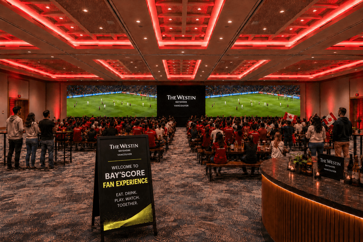 Artist rendering of the The Westin Bay’Score Fan Experience, featuring the Bayshore Grand Ballroom’s LED Infinity Wall.