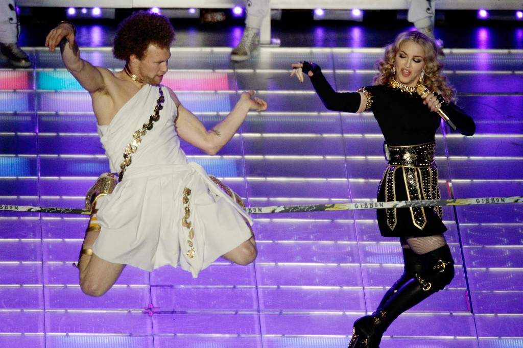 Andy Lewis appears during Madonna's halftime performance at the NFL Super Bowl XLVI football game between the New York Giants and the New England Patriots, Feb. 5, 2012, in Indianapolis.