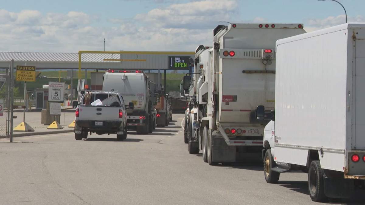 Trucks line up to enter the Shepard Waste Management Facility in Calgary, Alta., on June 5 2026.