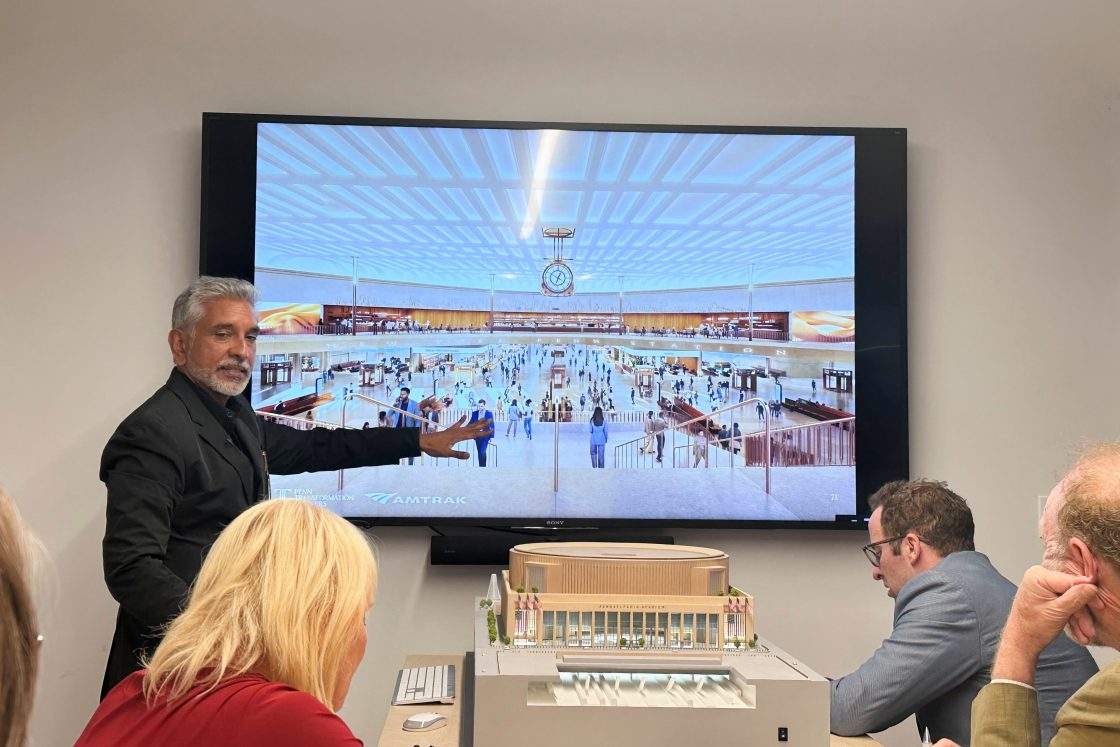 Vishaan Chakrabarti, one of the leaders of the team awarded the project to dramatically redesign New York City's Penn Station, presents architectural designs during a presentation Monday, June 8, 2026, in New York.