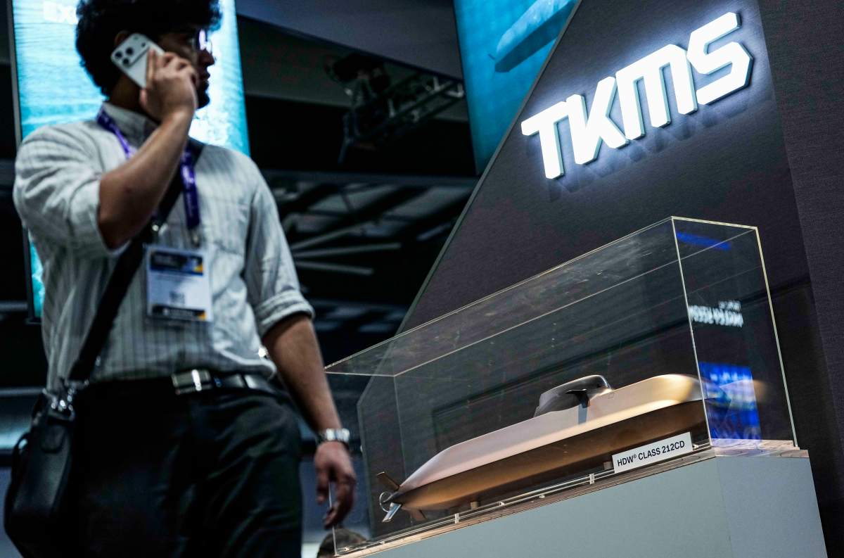 A scale model of a TKMS (ThyssenKrupp Marine Systems) HDW Class 212CD submarine is shown at the Canadian Association of Defence and Security Industries annual defence industry trade show CANSEC, in Ottawa, on Wednesday, May 27, 2026.