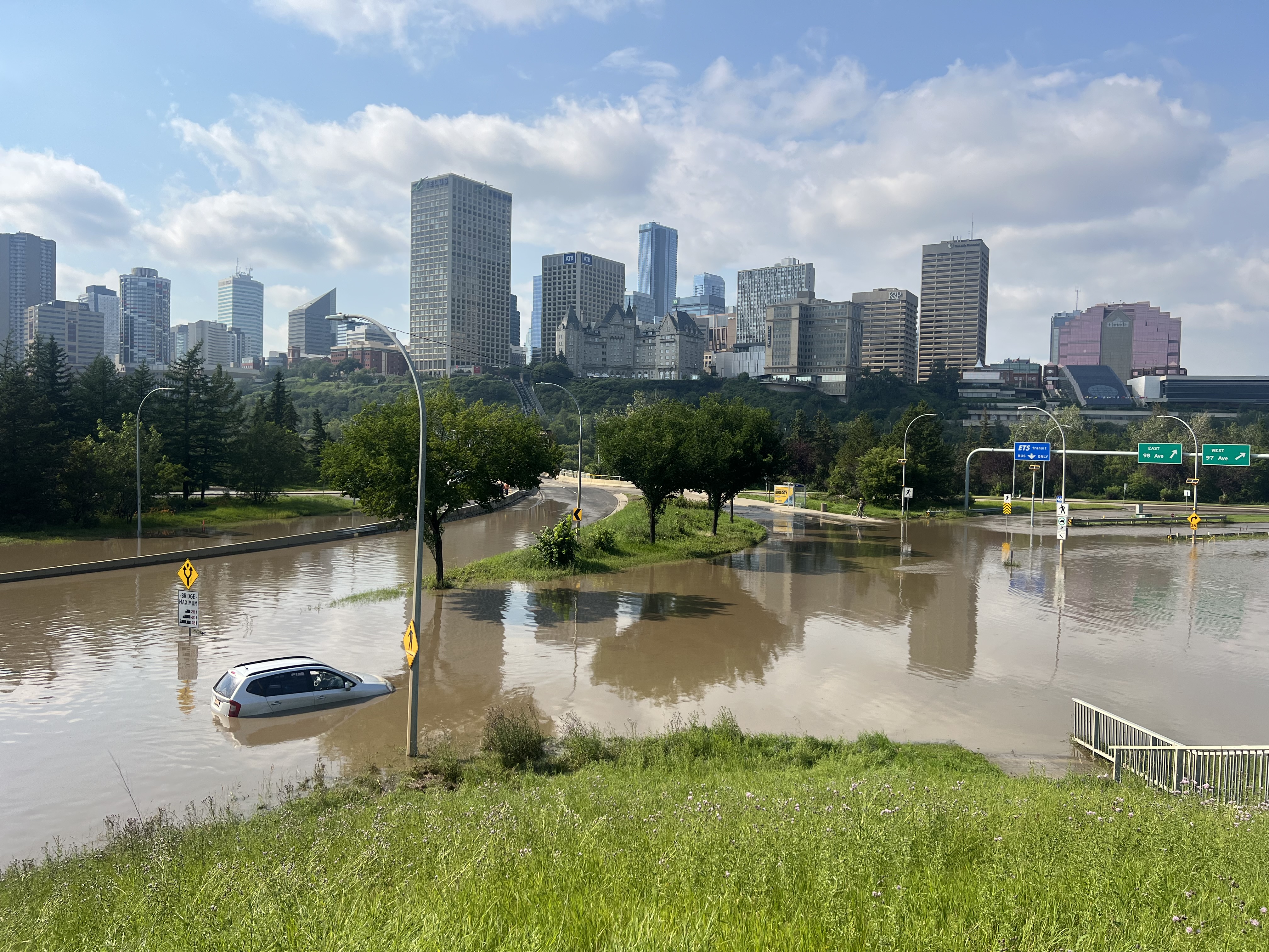 The interchange of Connors Road, Scona Road and 98 Avenue was shut down due to massive flooding from an afternoon storm in Edmonton on Monday, July 27, 2026.