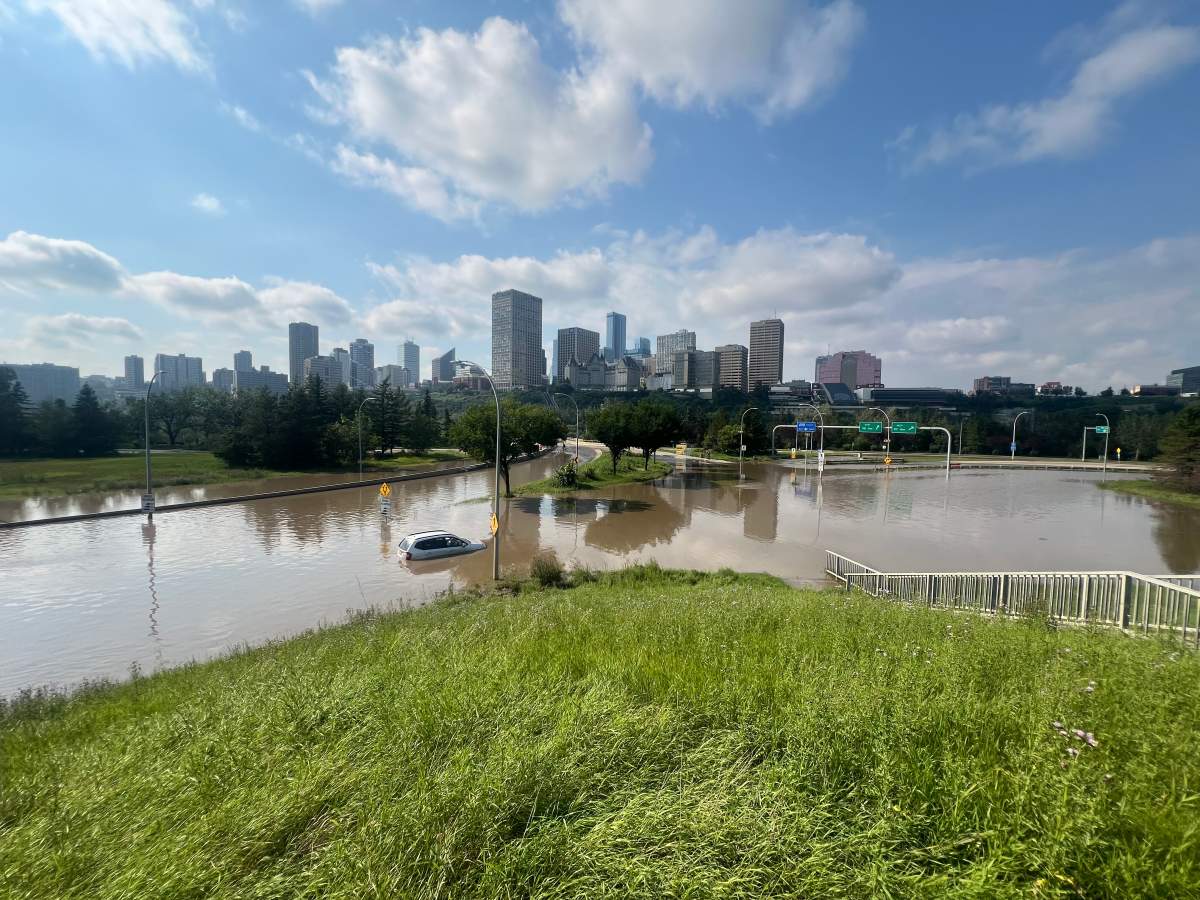 The interchange of Connors Road, Scona Road and 98 Avenue was shut down due to massive flooding from an afternoon storm in Edmonton on Monday, July 27, 2026.