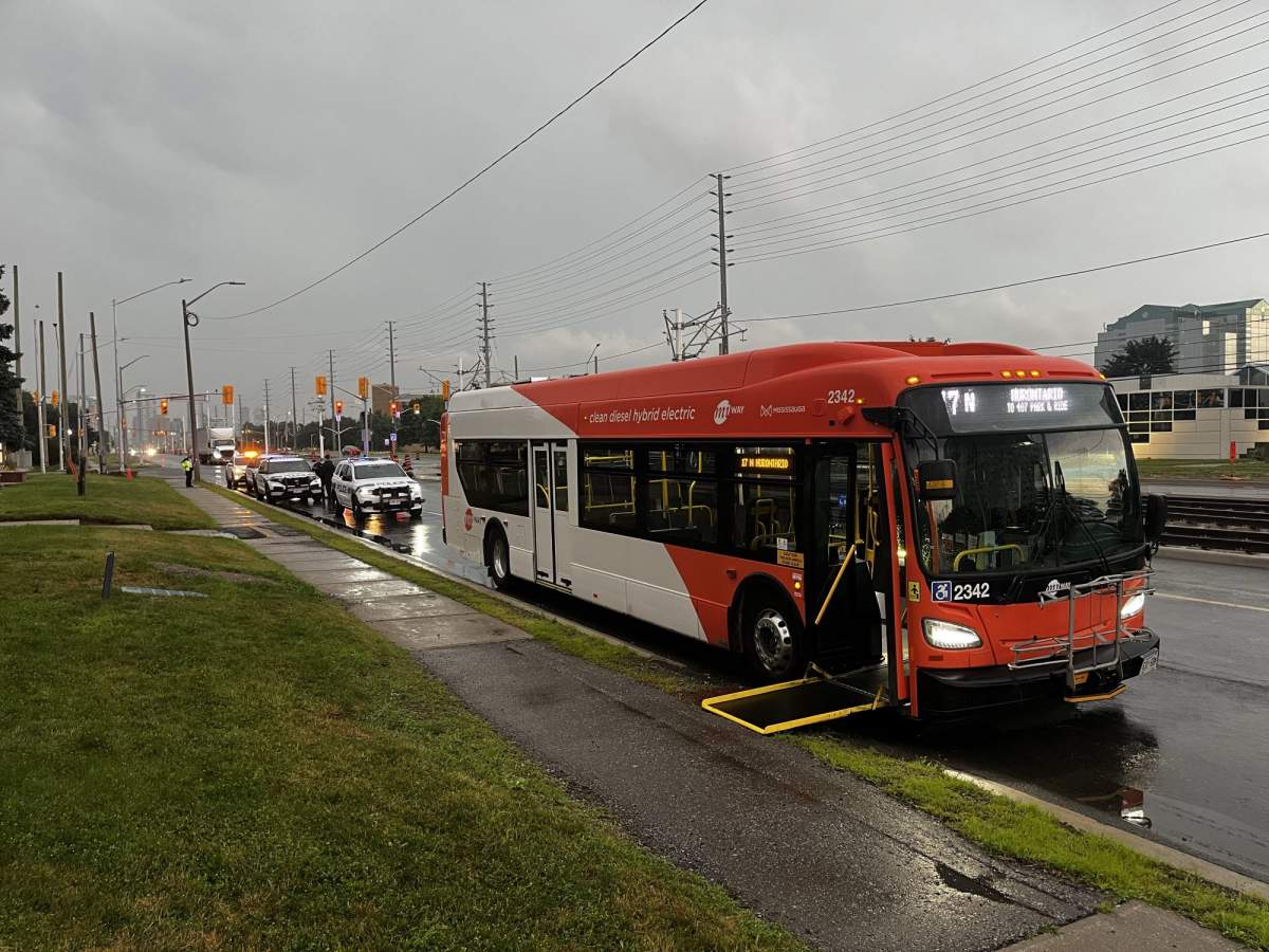 A Mississauga bus remains parked on Hurontario Street Tuesday morning after a stabbing on board.