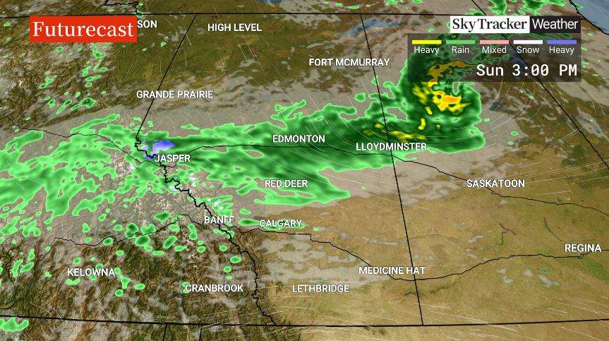 The forecast for Edmonton this weekend calls for more showers, while there's only a slight chance of some showers in Calgary on Sunday.