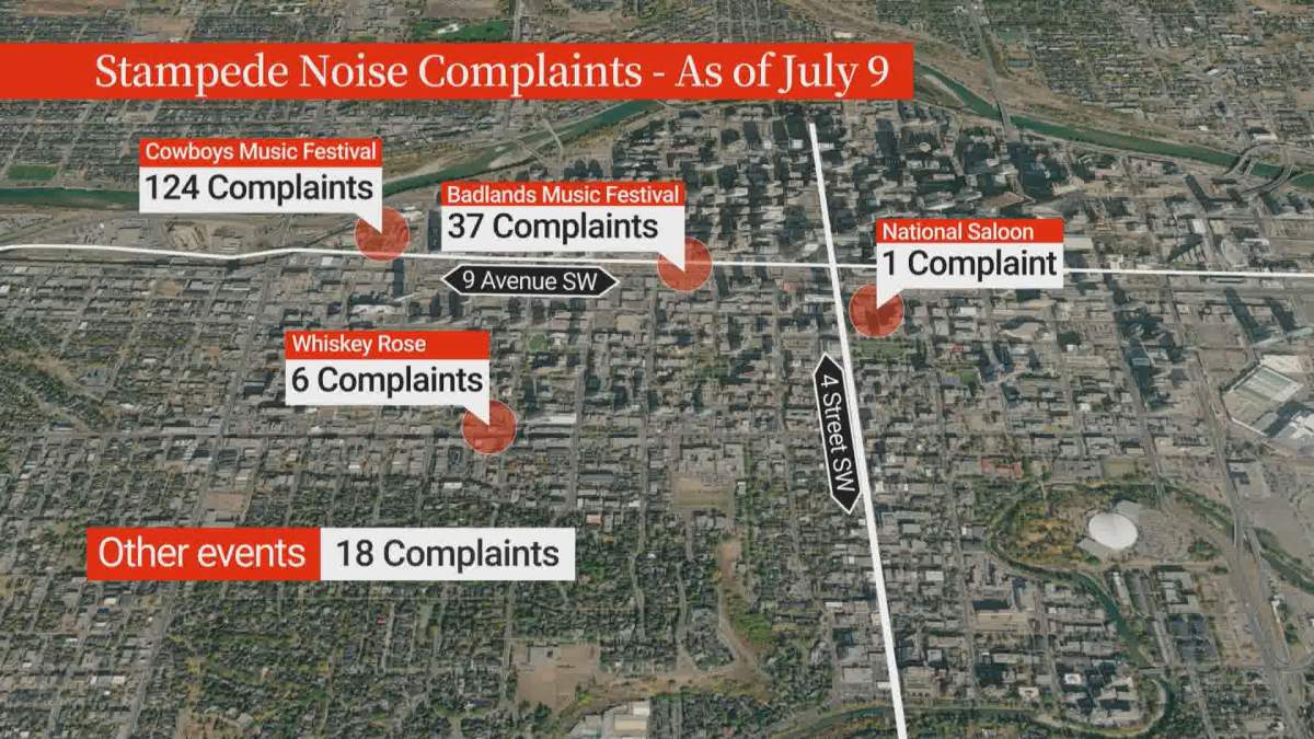 A map of the noise complaints received by the City of Calgary during this year's Calgary Stampede.