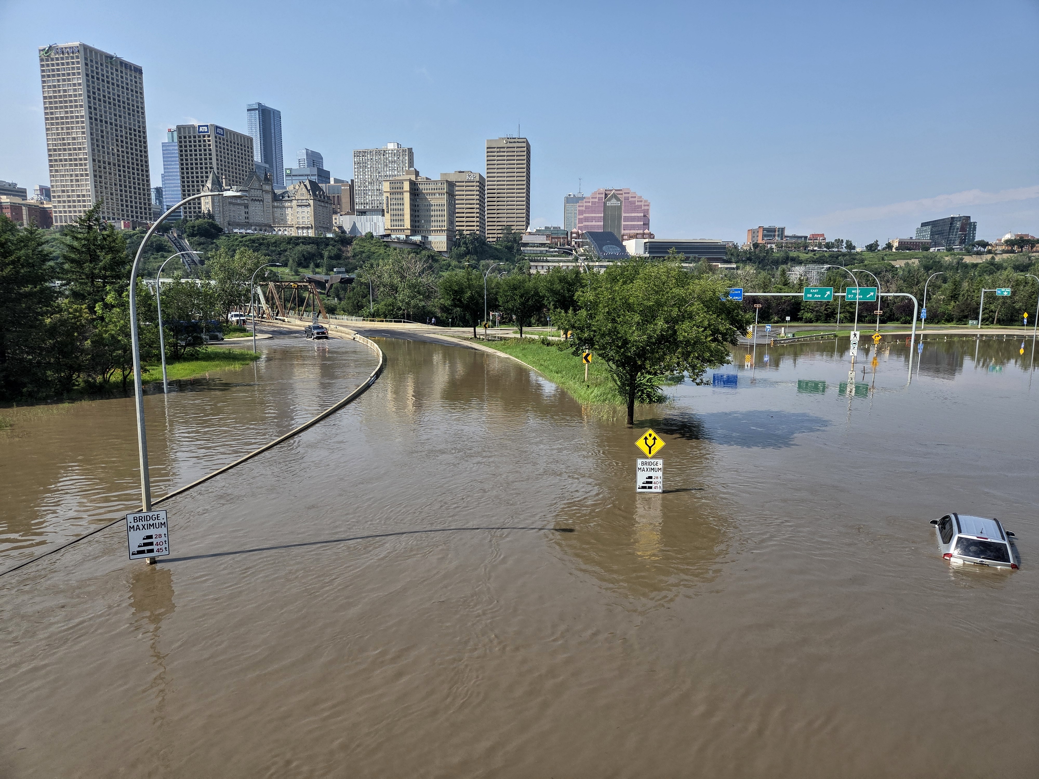 The interchange of Connors Road, Scona Road and 98 Avenue was shut down due to massive flooding from an afternoon storm in Edmonton on Monday, July 27, 2026.