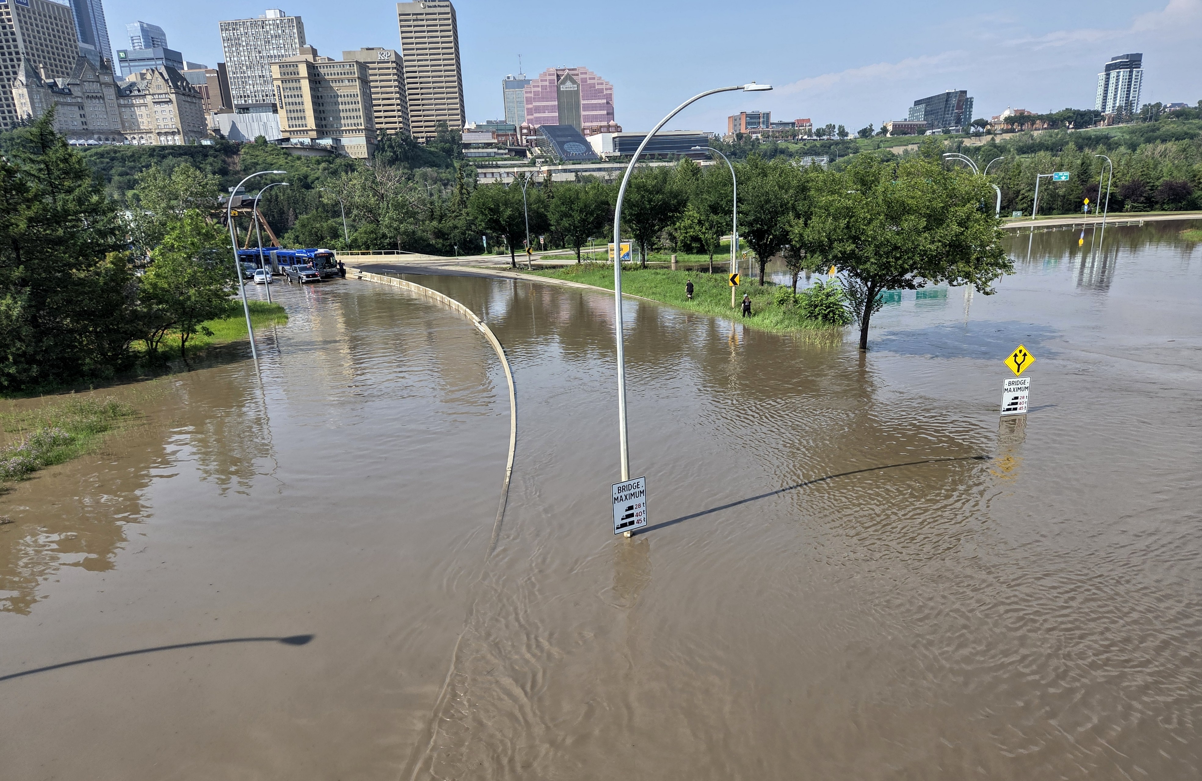 The interchange of Connors Road, Scona Road and 98 Avenue was shut down due to massive flooding from an afternoon storm in Edmonton on Monday, July 27, 2026.