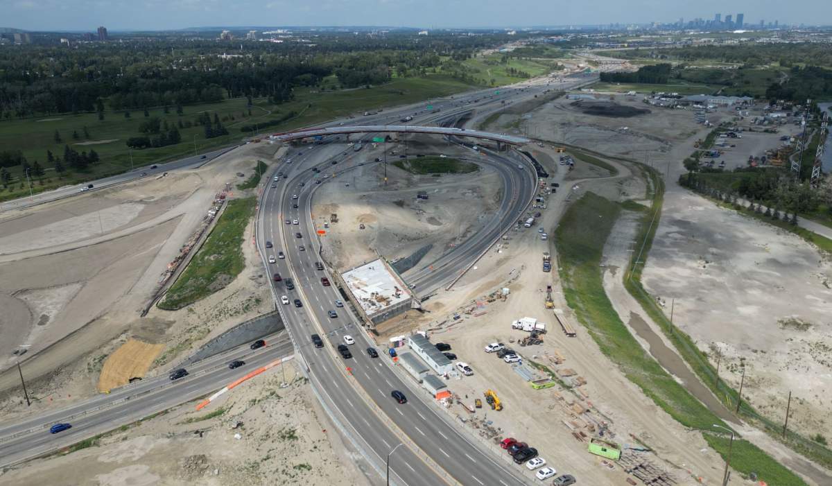 An aerial view of the improvements being made to the Anderson Interchange as part of the $700 million Deerfoot Trail Improvements Project.