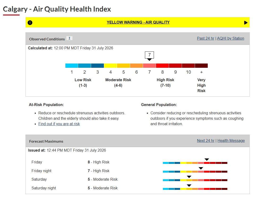 At noon on Friday, the air quality in Calgary was rated as "high risk."