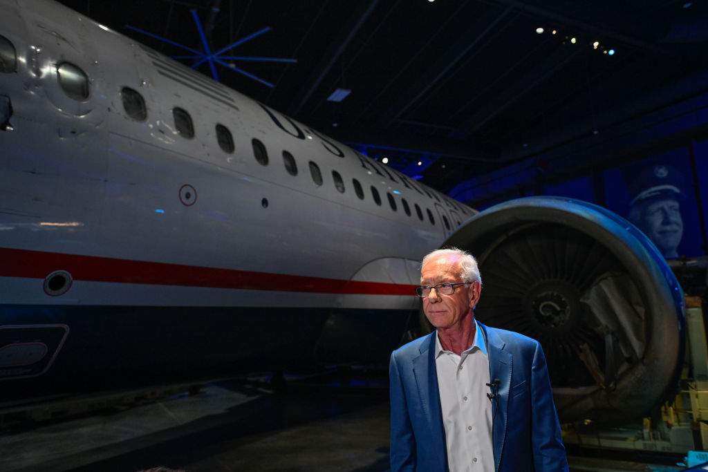 Captain Chesley Burnett 'Sully' Sullenberger attends the opening of the 'Miracle on the Hudson' the Sullenberger Aviation Museum displaying the plane that landed in the river along with him at the Charlotte Douglas International Airport in Charlotte, United States on May 29, 2024.