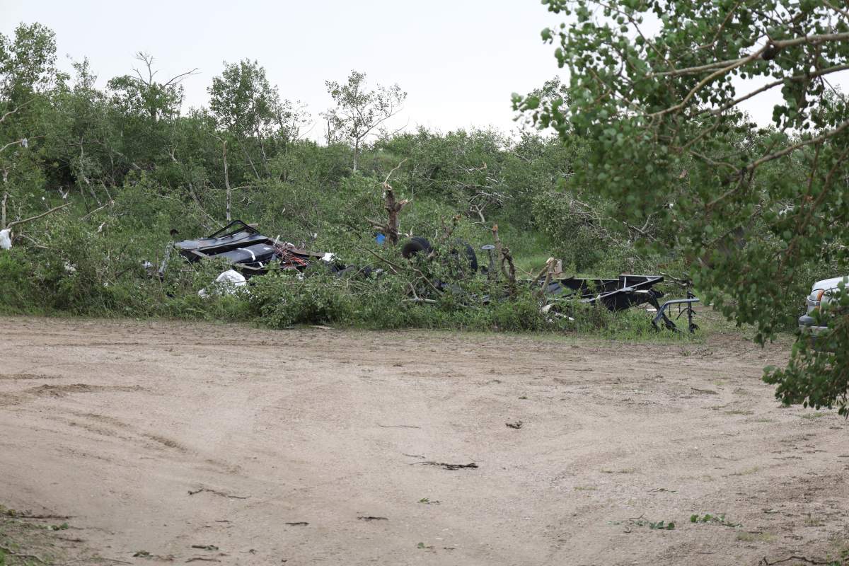 A photo from inside the Dillberry Lake campground, provided to Global News, shows what appears to be a trailer that was completely destroyed by the force of the tornado.