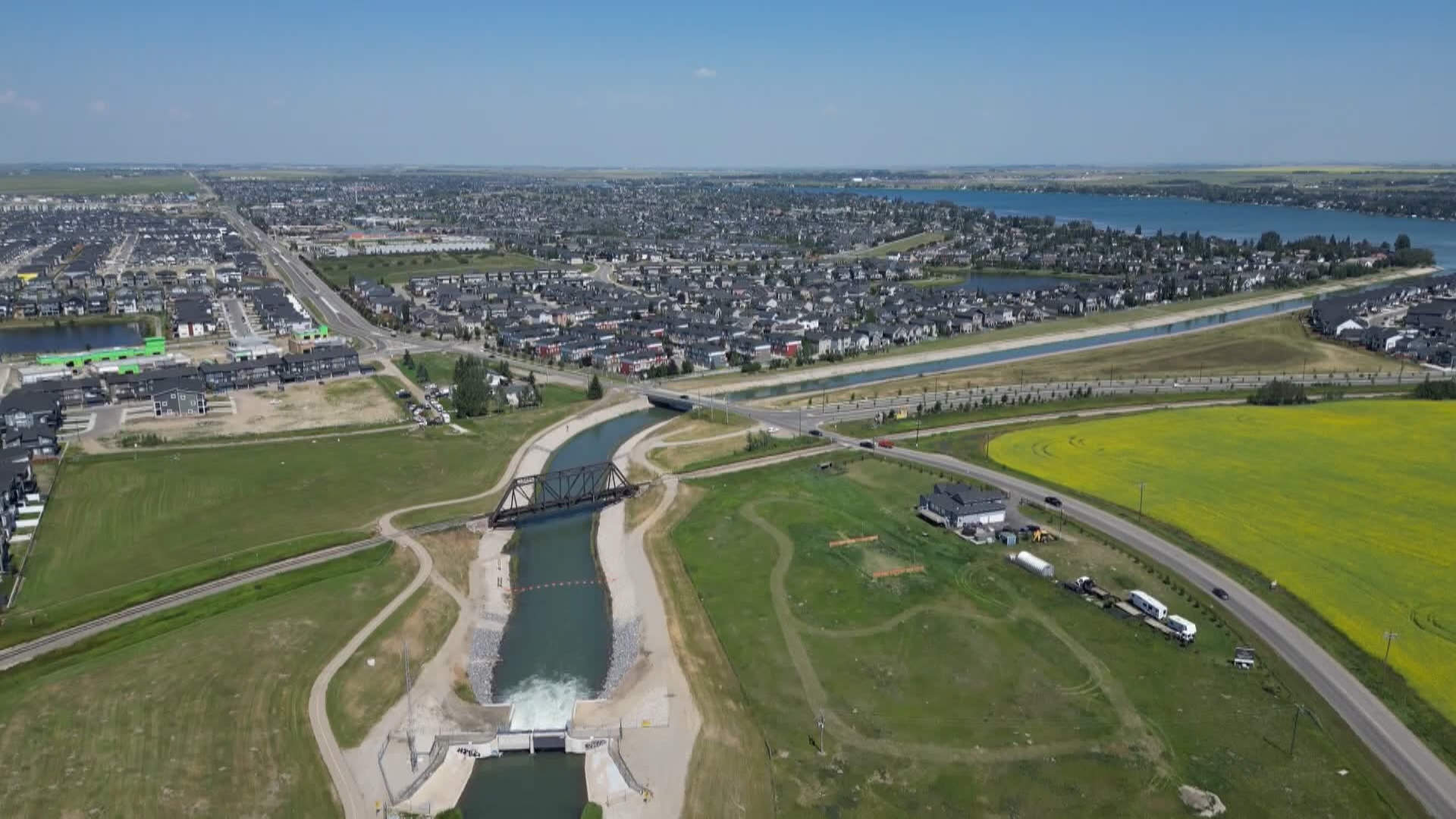 An aerial view of the Western Headworks Canal, which runs from the Bow River at Harvie Passage in Calgary and into the Chestermere Lake.