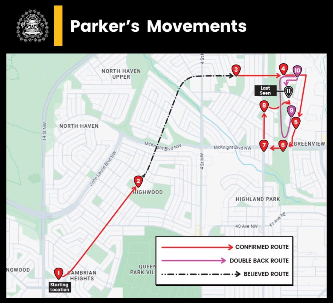 Calgary police have provided this map of the areas Parker was last seen and the route he is believed to have travelled and has renewed a call for home and business owners in the area to check their property for any sign of the missing boy.