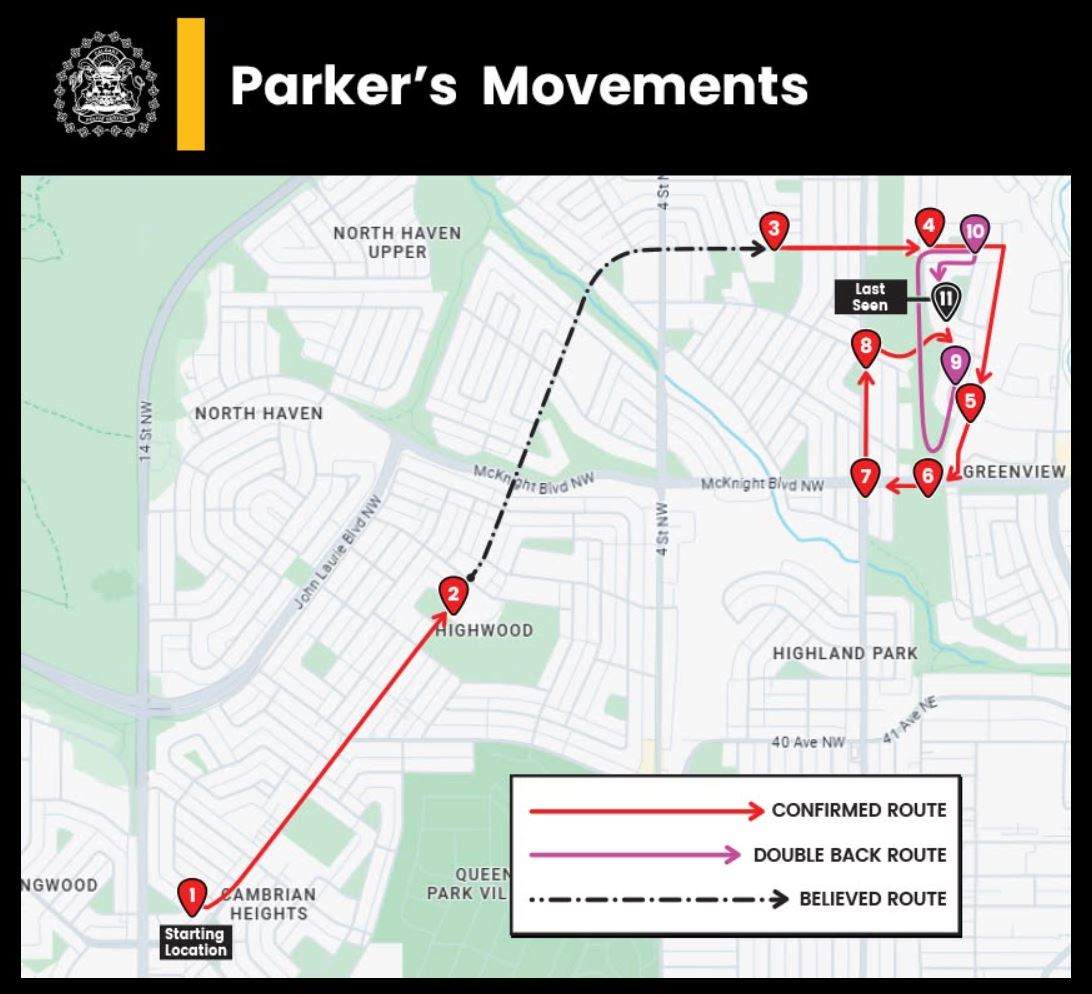 A map showing the route Parker is believed to have travelled before his disappeared on July 16. On Friday Calgary police announced their moving the search command post to Nose Hill Park, about a kilometre to the west.