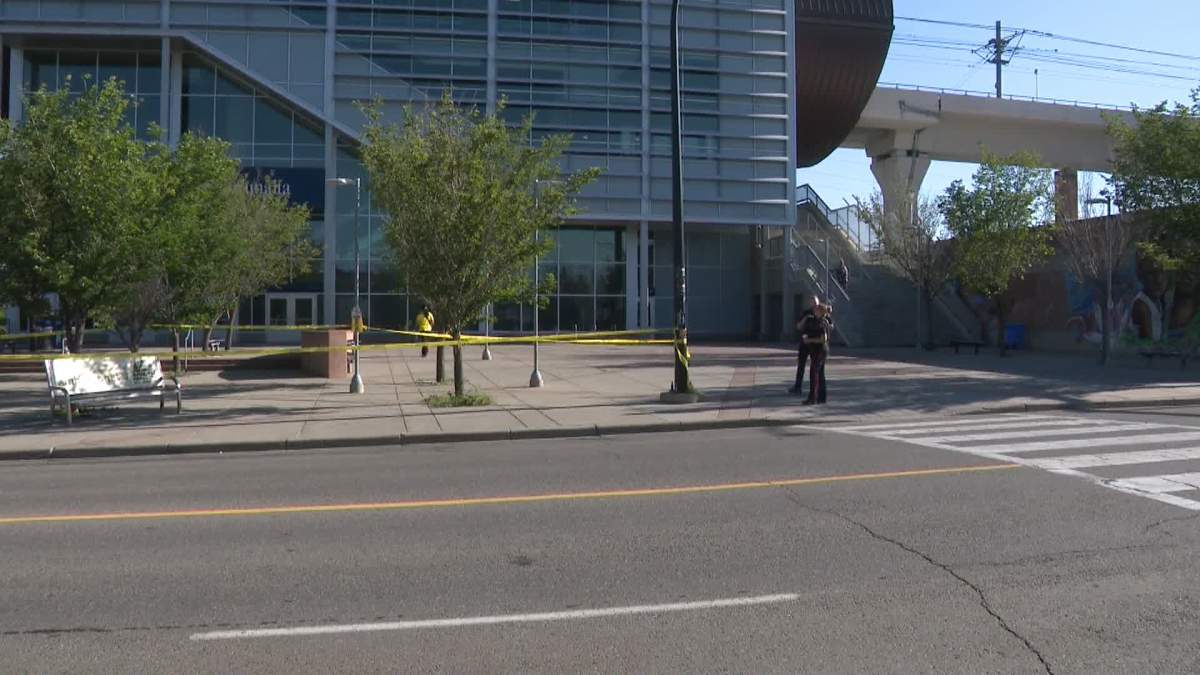 Police tape surrounds an area near the Sunalta CTrain station in southwest Calgary after a stabbing early Tuesday morning.