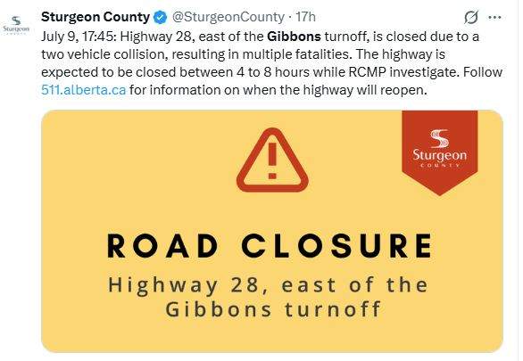 Sturgeon Country said in a post on social media Thursday evening that the crash resulted in "multiple fatalities."