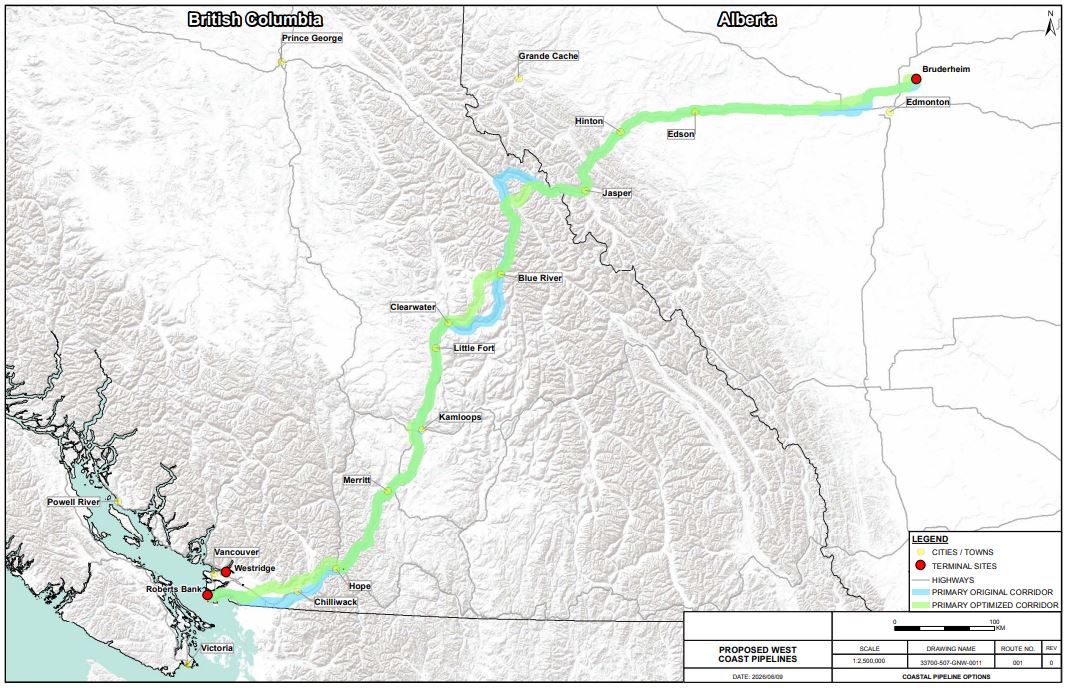 The proposal for the new pipeline would see it following the same route to the west coast as the existing Trans Mountain pipeline.