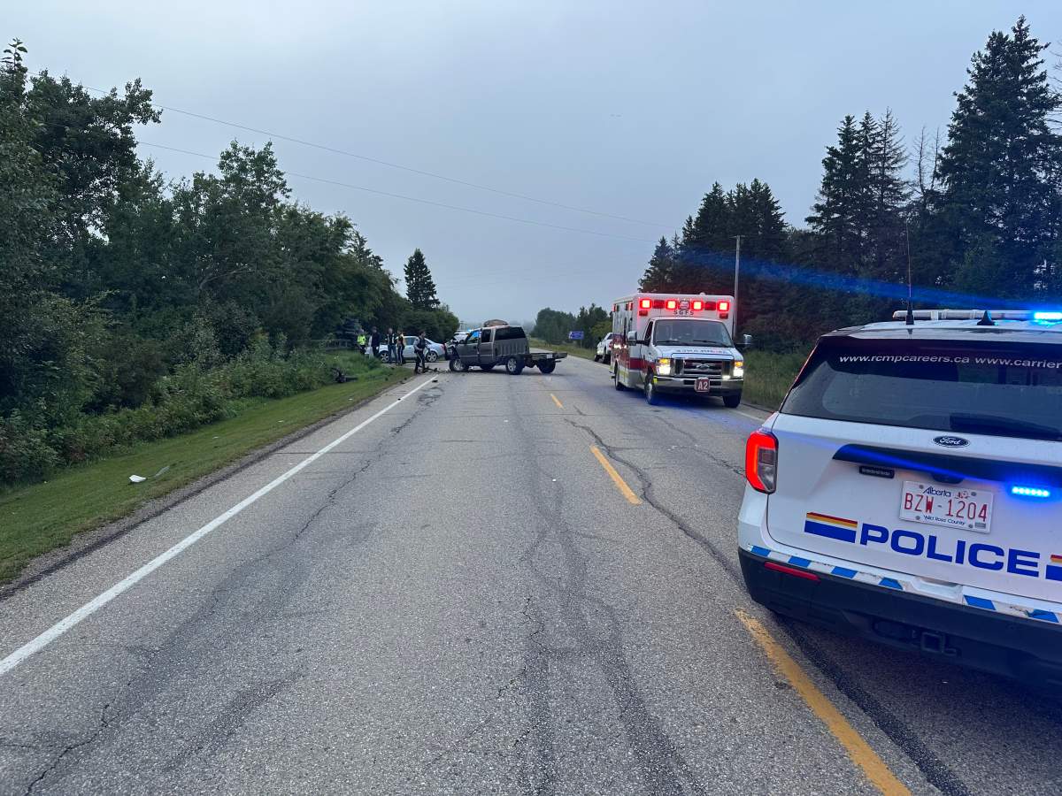 RCMP and EMS attend the scene of a crash on Highway 627 on Aug. 13, 2026, that resulted in the death of a 69-year-old Edmonton man.