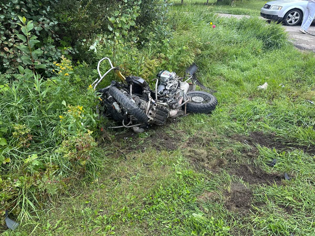 A wrecked motorcycle is seen alongside Highway 627 in Parkland County on Aug. 13, 2026. RCMP say the rider of the motorcycle, a 69-year-old man from Edmonton, lost his life in a collision early Thursday morning.