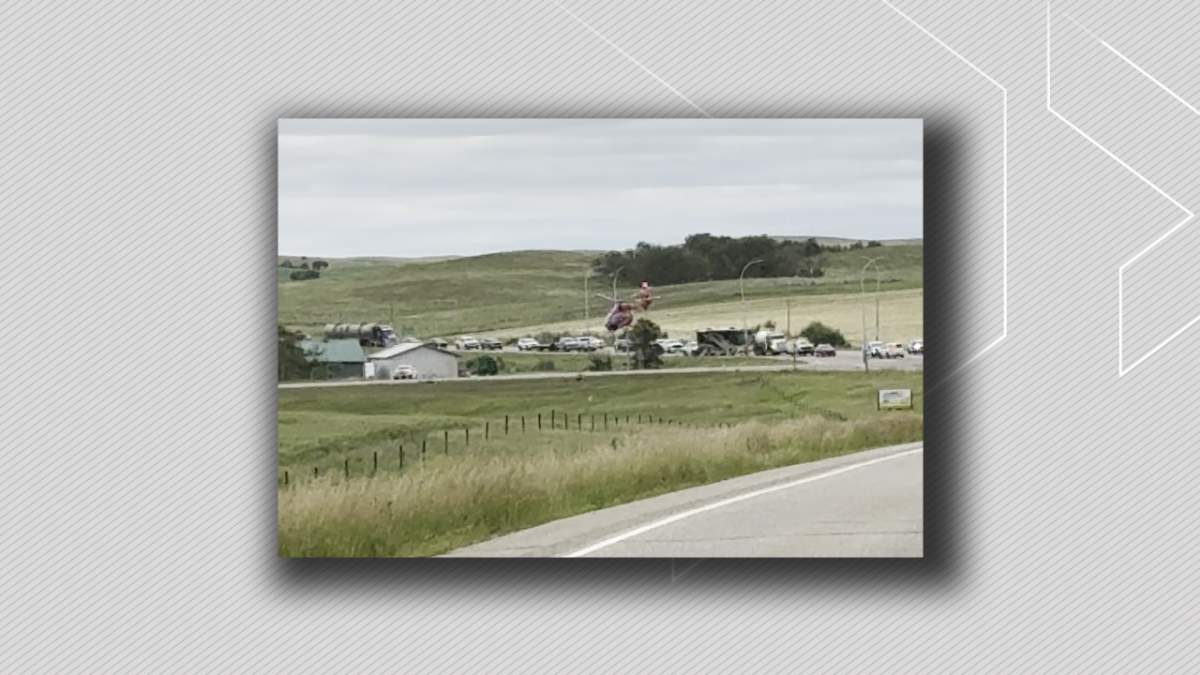STARS Air Ambulance taking off from the scene of a fatal crash at the intersection of Highway 41 and Highway 13, south of Wainwright in eastern Alberta, on Thursday, August 7, 2026.