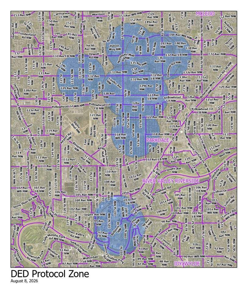 The City of Edmonton’s Dutch elm disease protocol zone as of Aug. 8, 2026.