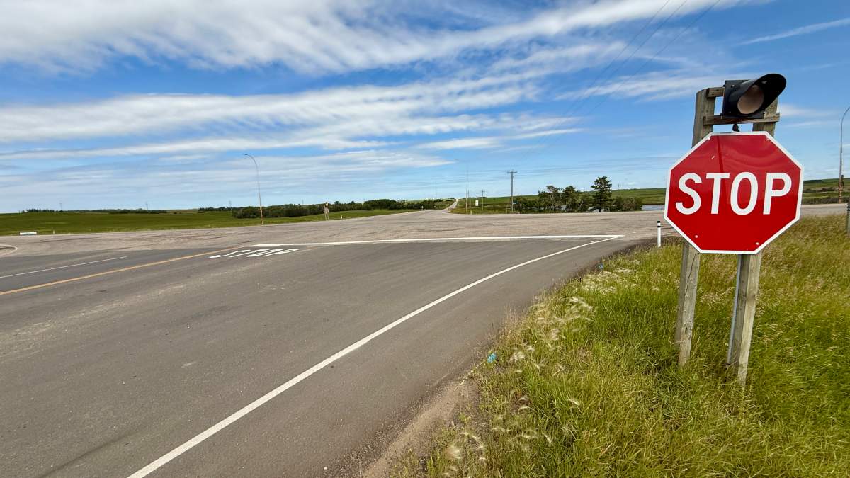 The scene of a fatal crash at the intersection of Highway 41 and Highway 13, south of Wainwright in eastern Alberta, on Friday, August 7, 2026.