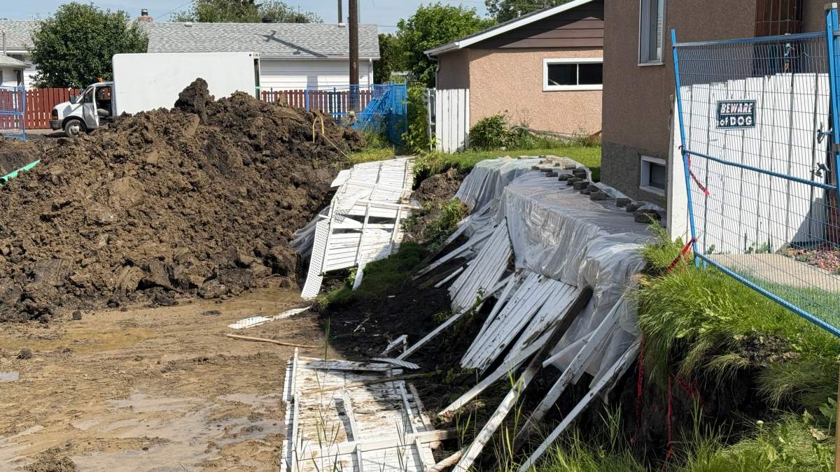 The aftermath of a severe storm at an excavation site in the Glenwood neighbourhood of west Edmonton on Tuesday, August 4, 2026.